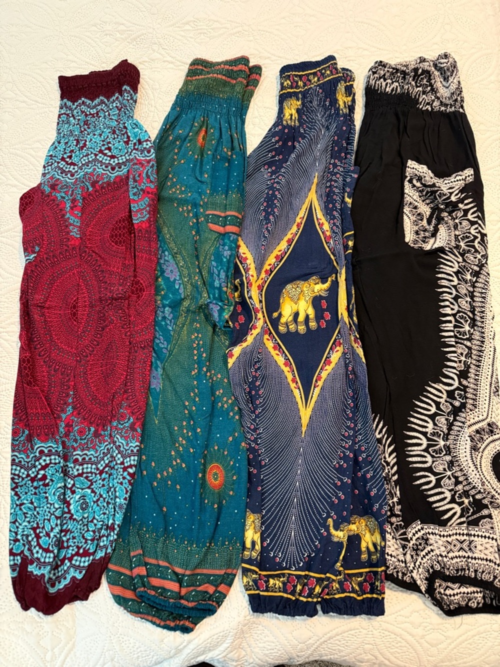 Boho Elastic Waist Harem Pants Set - Multicolor Floral & Elephant Prints